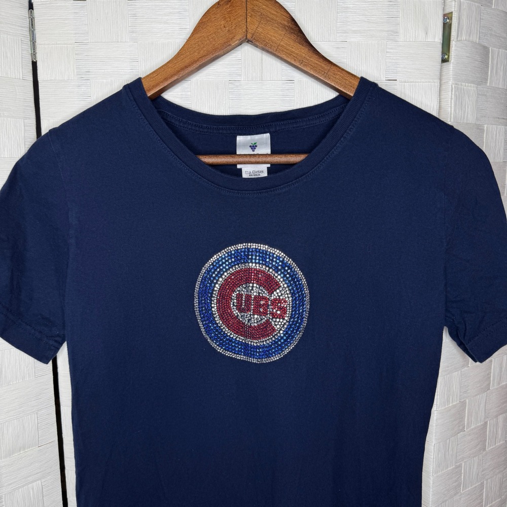 Chicago Cubs Navy Blue Rhinestone Logo T-Shirt Womens Medium MLB - Picture 2 of 4